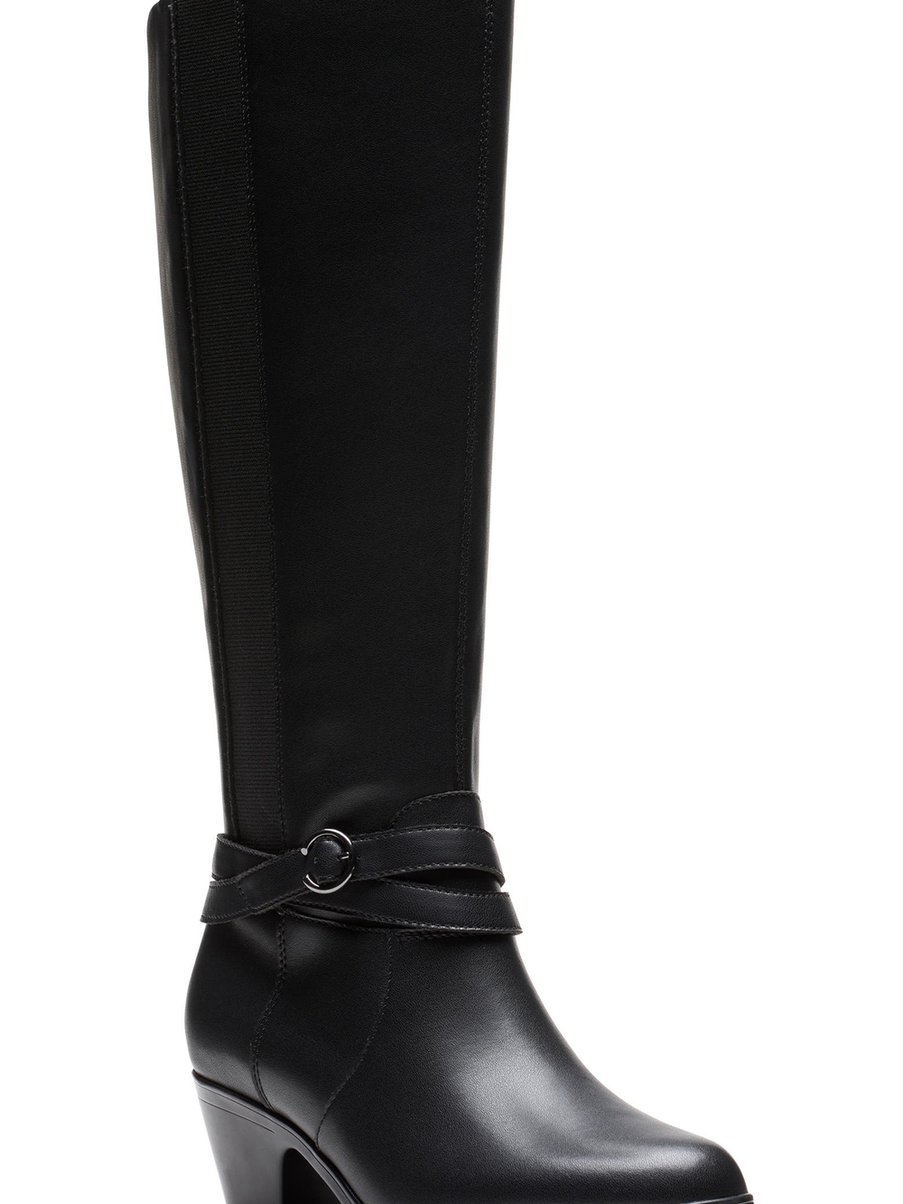 Clarks Black Knee-High Heeled Boot with Wrap Strap